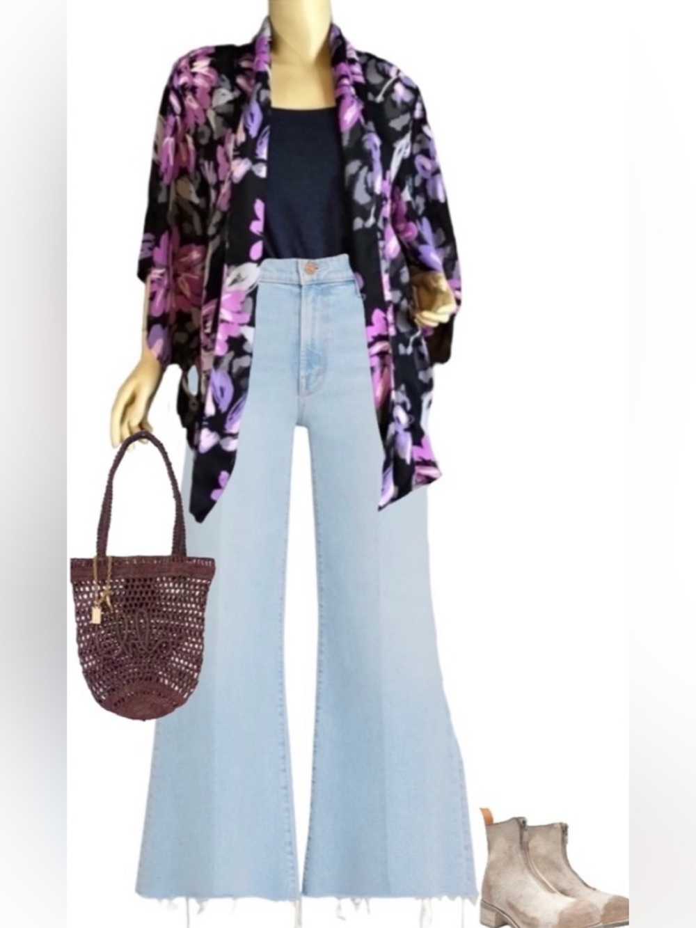 BLAIR PURPLE, BLACK & GRAY FLORAL PRINT KIMONO CARDIGAN (M)
